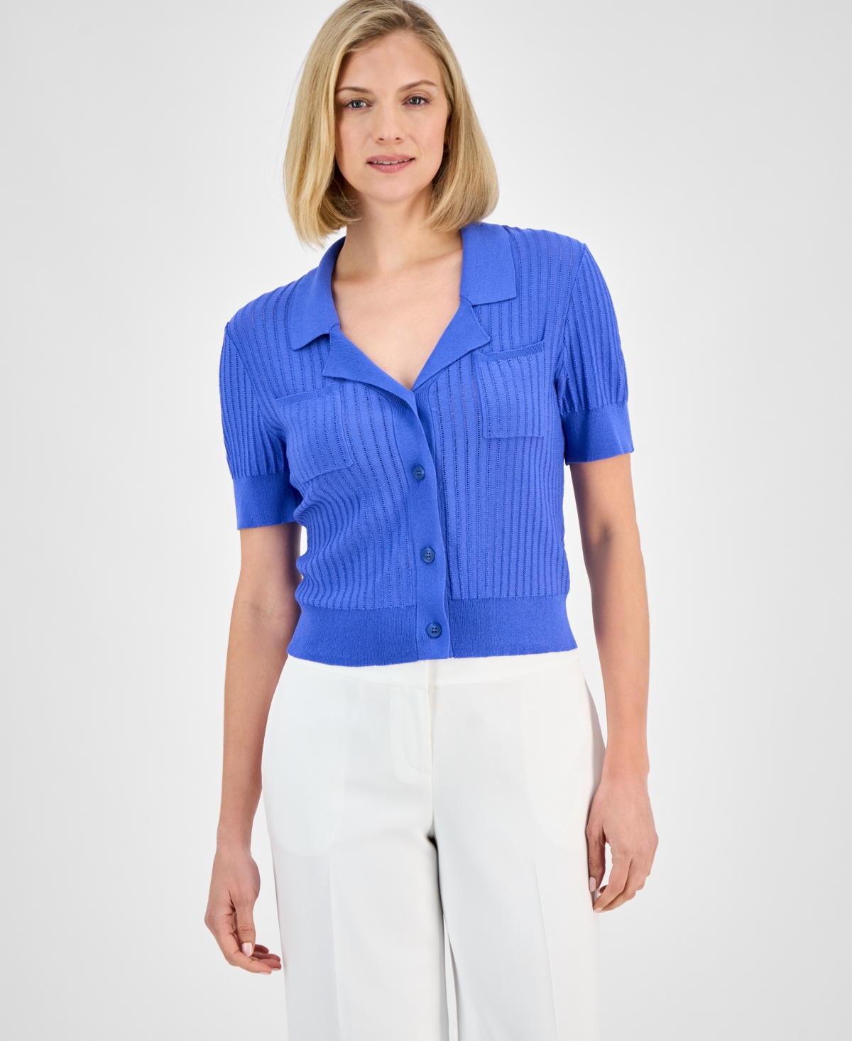Petite Stripe-Textured Knit Button-Front Top - Pacific Blue