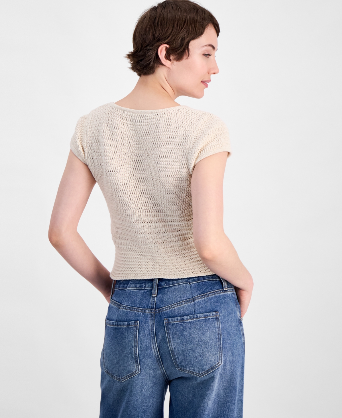 French Connection Nellis Open Stitch Short Sleeve Cotton Sweater In Ecru
