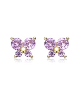 Sterling Silver 14K Gold Plated with Pink Cubic Zirconia Four-Stone Butterfly Cluster Stud Earrings