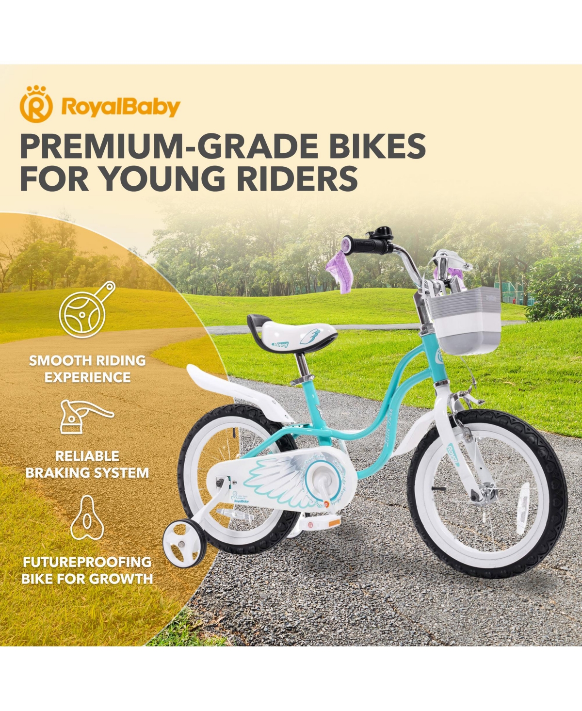 RoyalBaby Princess Girl Bicycle 16" with Training Wheels & Kickstand, Blue