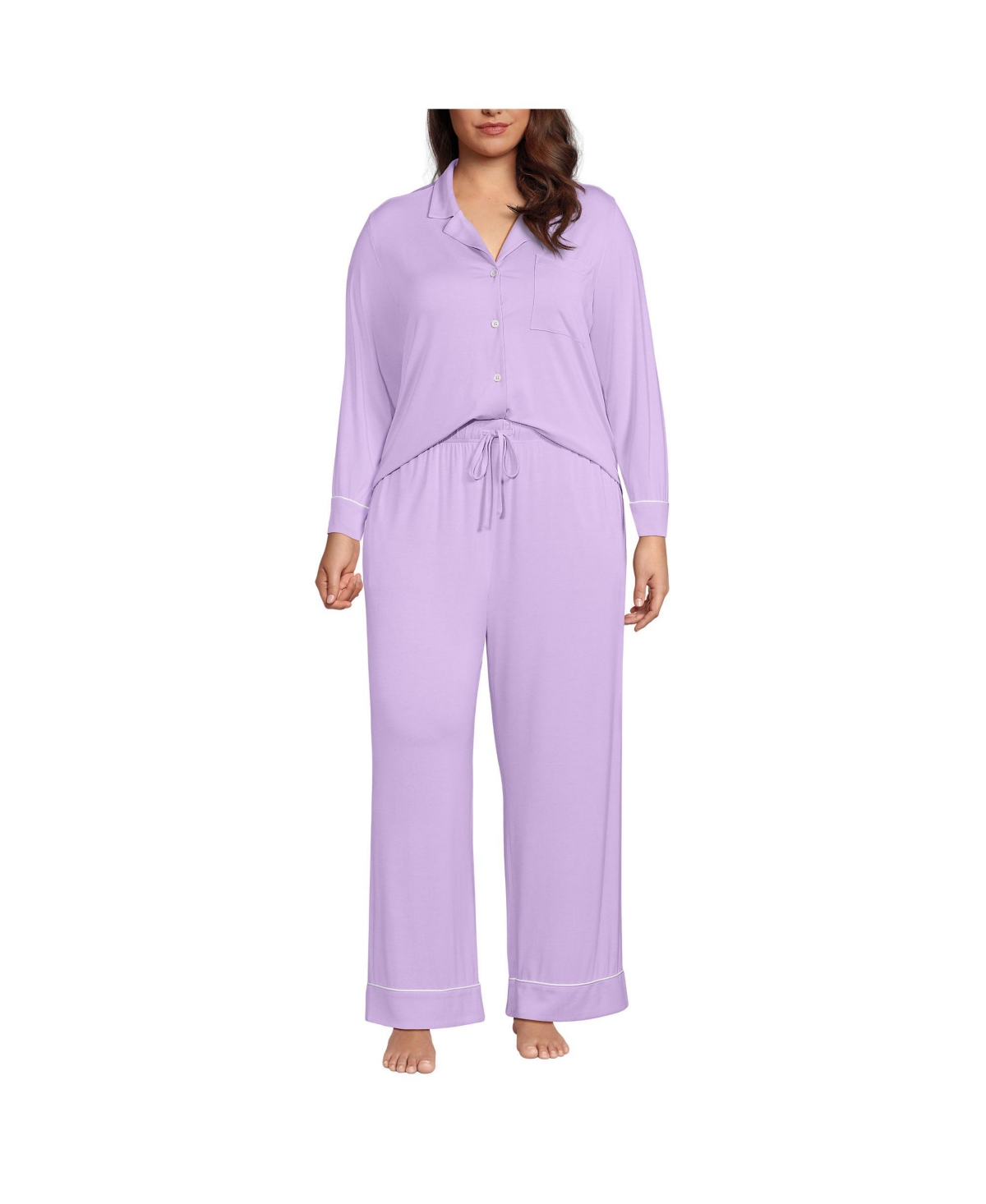 Plus Size Cooling 2 Piece Pajama Set - Long Sleeve Top and Pants - Sunset coral snowdrop floral