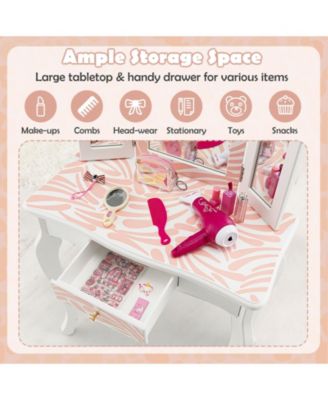 2-in-1 Kids Vanity Table Set with Tri-folding Mirror
