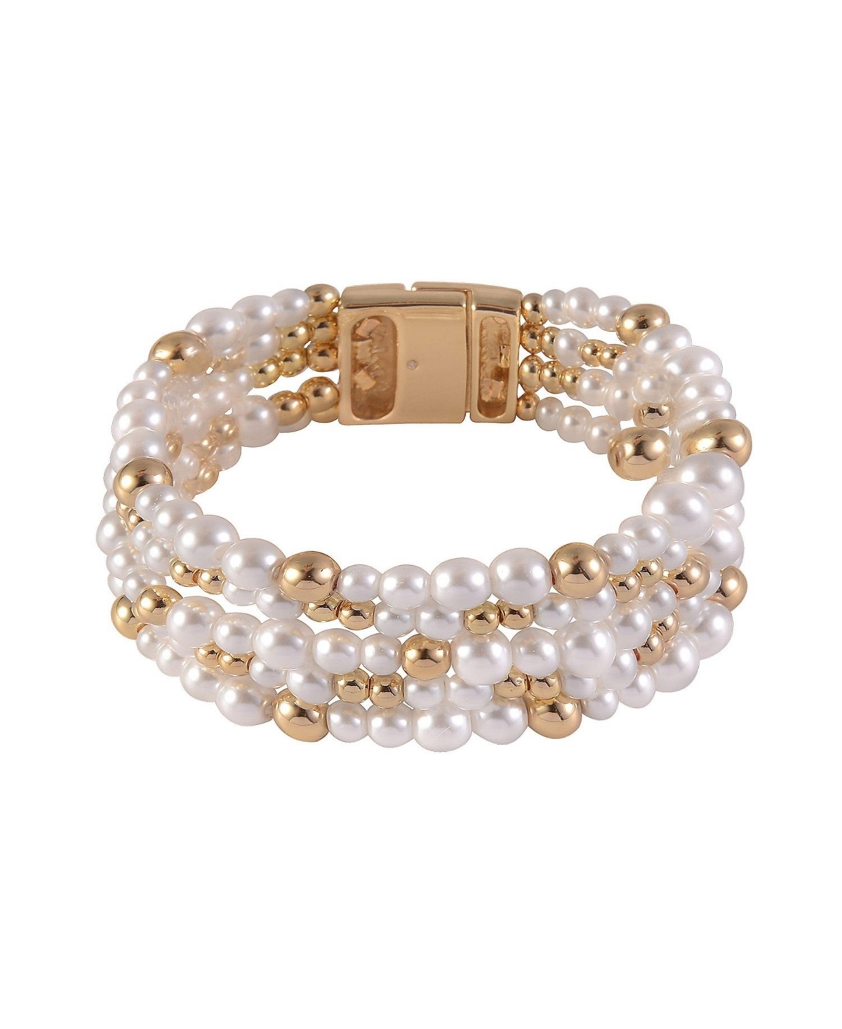 4 Row Pearl and Gold Tone Beaded Magnetic Closure Bracelet - Gold