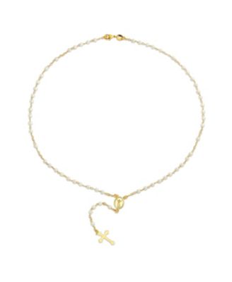 Dainty Religious Guardian Angel Rosary Necklace with White Simulated Pearls Gold Plated Brass