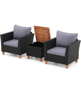 Set of 3 Rattan Furniture Set Patio Cushioned Sofa Storage Table w/ Wood Top