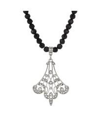 Black Glass Bead Crystal Fan Necklace
