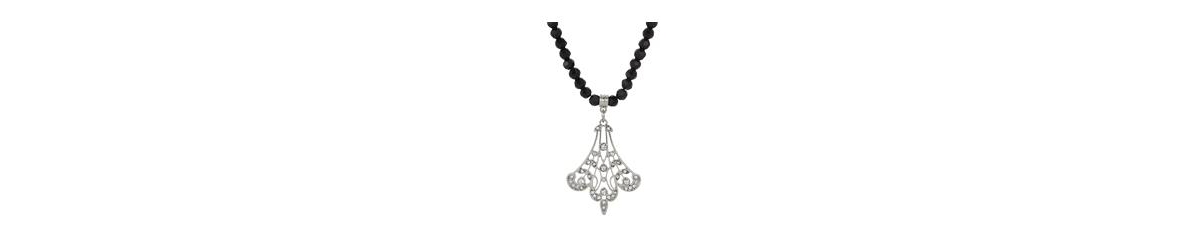 2028 Black Glass Bead Crystal Fan Necklace In Black