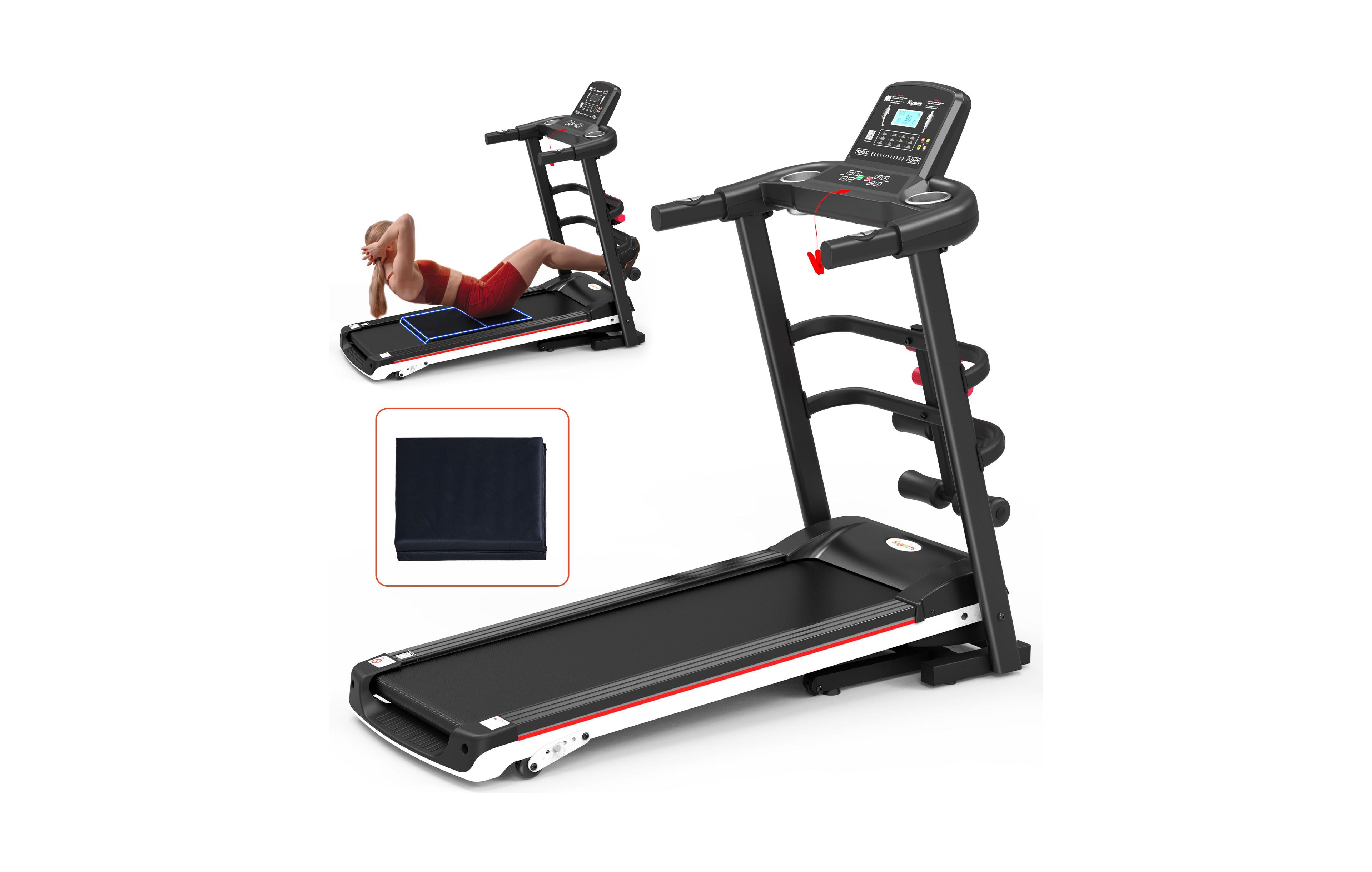 Ksports Treadmill Electric Foldable Exercise Indoor Walking Pad with Auto and Manual Incline, Sit-Up Rack or Strap, Ab Mat, and 2 Dumbbells, Black