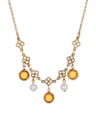 Gold Tone Crystal Faux Cultivated Pearl Bib Necklace