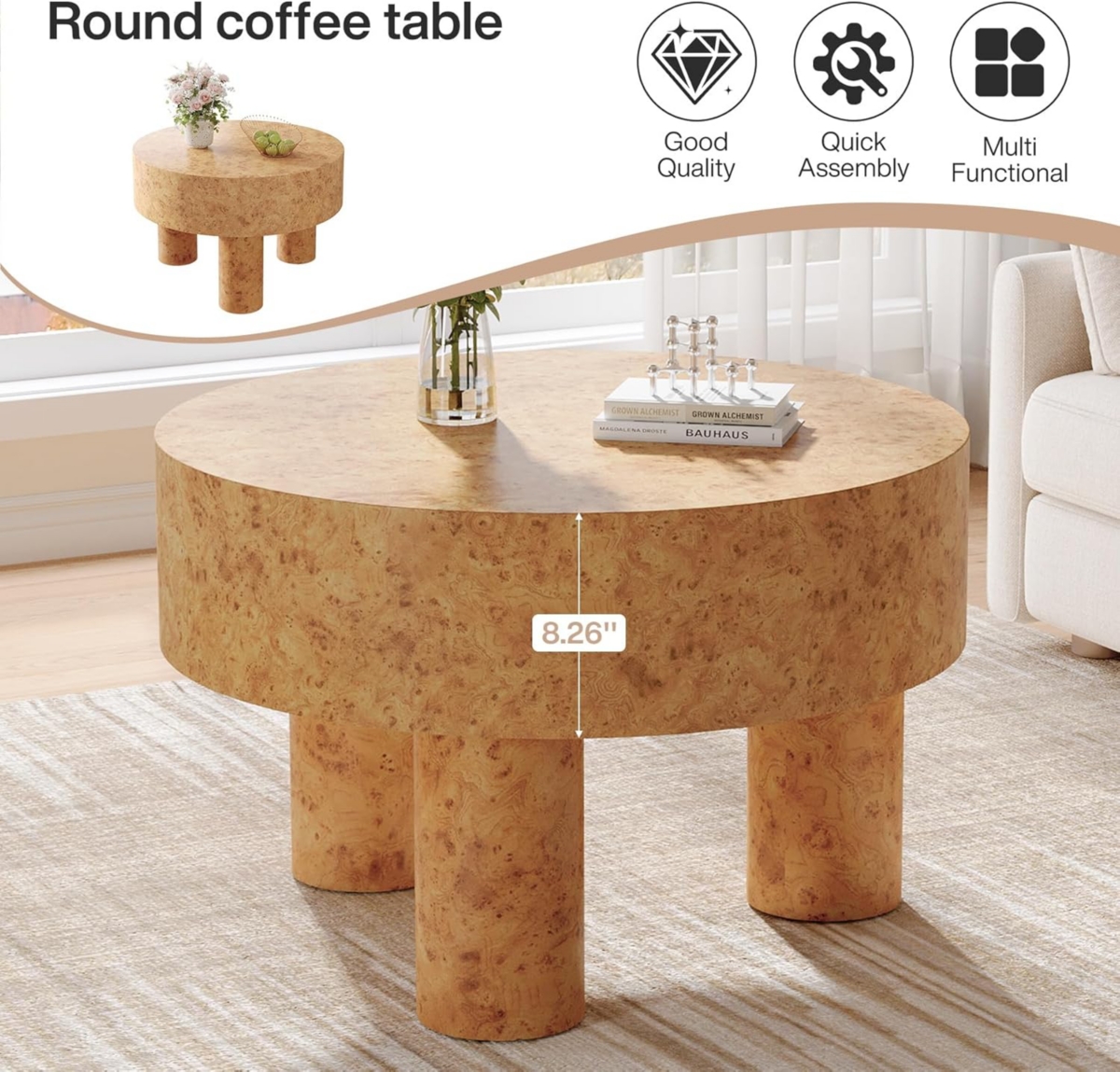 Tribesigns 47-Inch Modern Coffee Table, Wood Rectangular Coffee Table for Living Room, Low Center Coffee Table with Arched Base, Accent Tea Table for