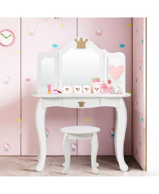 Kids Makeup Dressing Table with Tri-folding Mirror and Stool