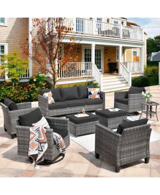 8 Piece Outdoor Wicker Patio Set with High Back Sofa, 360degree(s) Swivel Rocking Chairs & Ottoman for Porch Pool