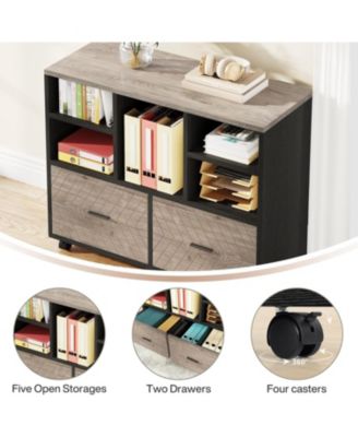 2-Drawer Wood File Cabinet, Mobile Lateral Filing Cabinet for Hanging Letter Size Files, Printer Stand with Open Storage Shelves for Home Office