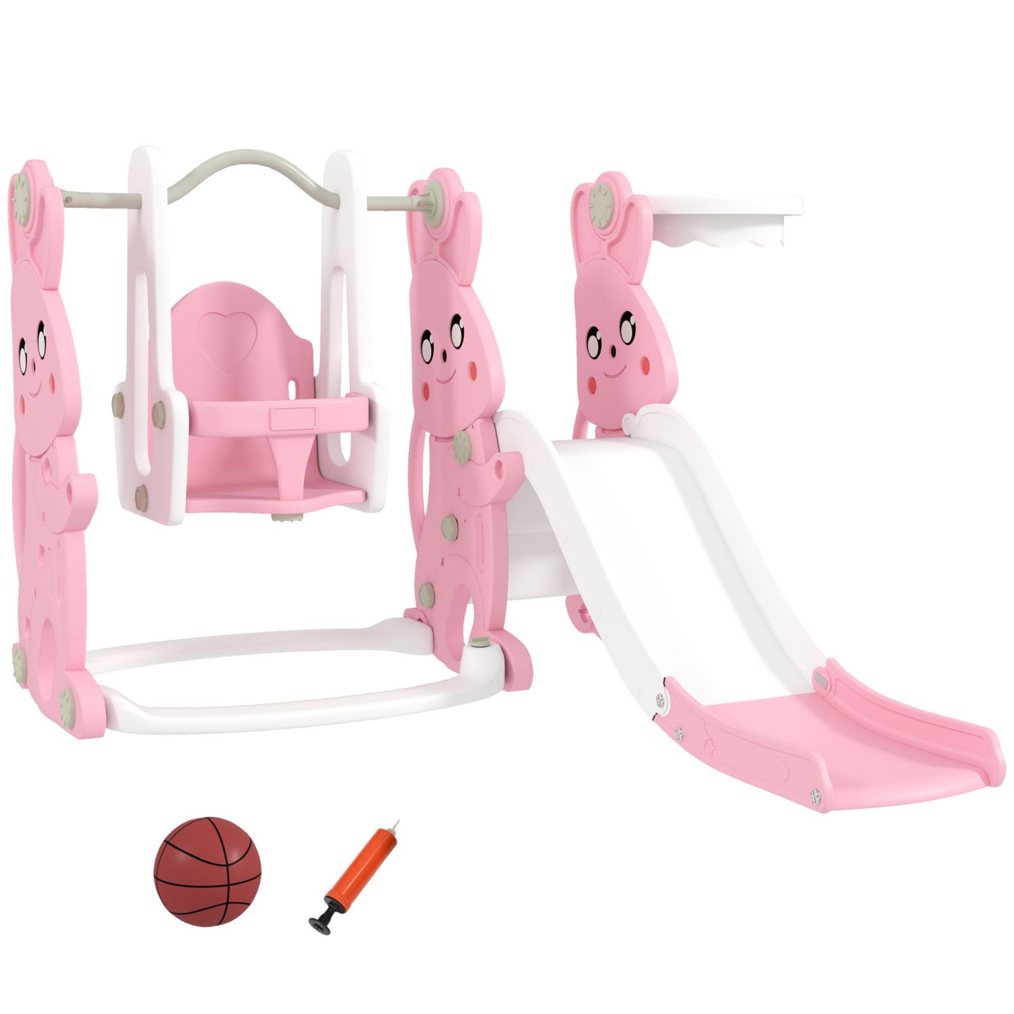 Детские игрушки Qaba 4-in-1 Toddler Slide and Swing Set with Climber and Basketball Hoop, Ages 18 Months+, цвет: Розовый — фото 1