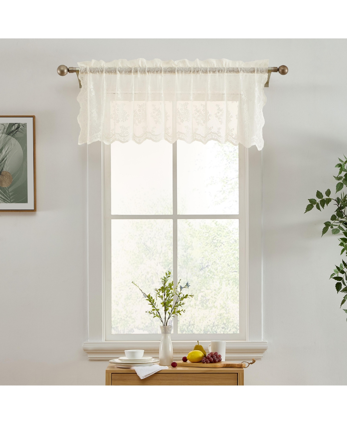 Jolene Floral Rod Pocket Lace Semi Sheer Voile Short Valance for Small Windows, Kitchen & Bathroom - 54 x 18 Inch Long (Ivory Valance) - Ivory