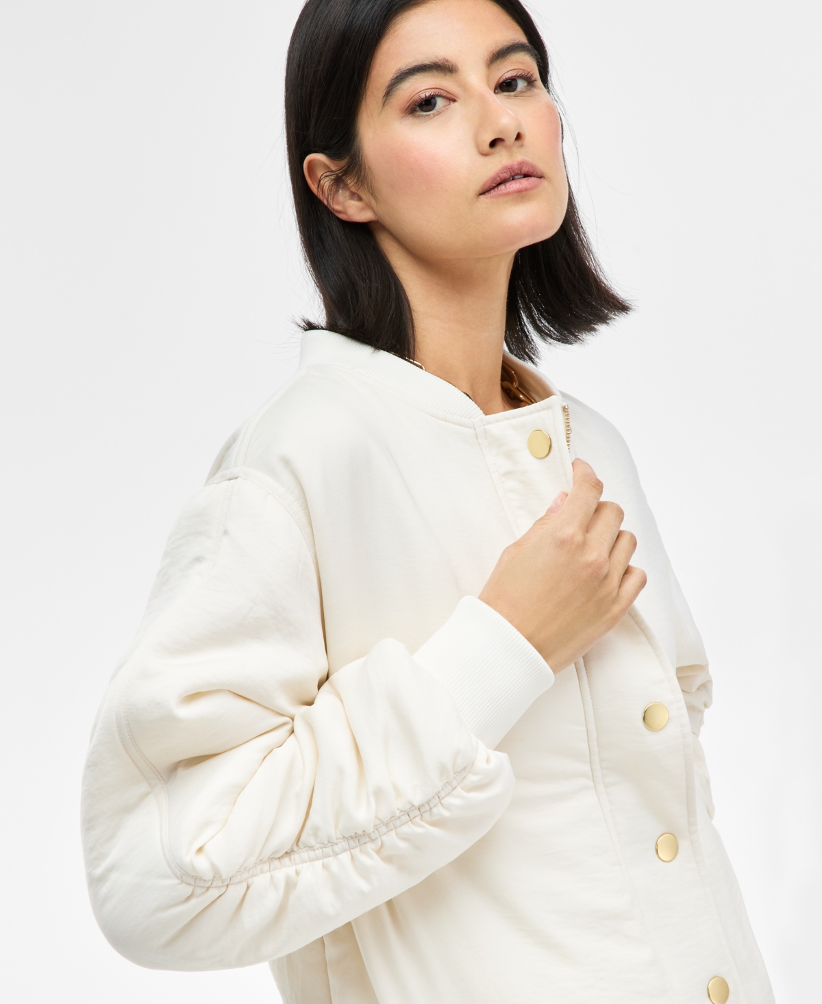 Inc International Concepts Women's Satin Ruched-sleeve Bomber Jacket, Exclusively At Macy's In Vintage Cream
