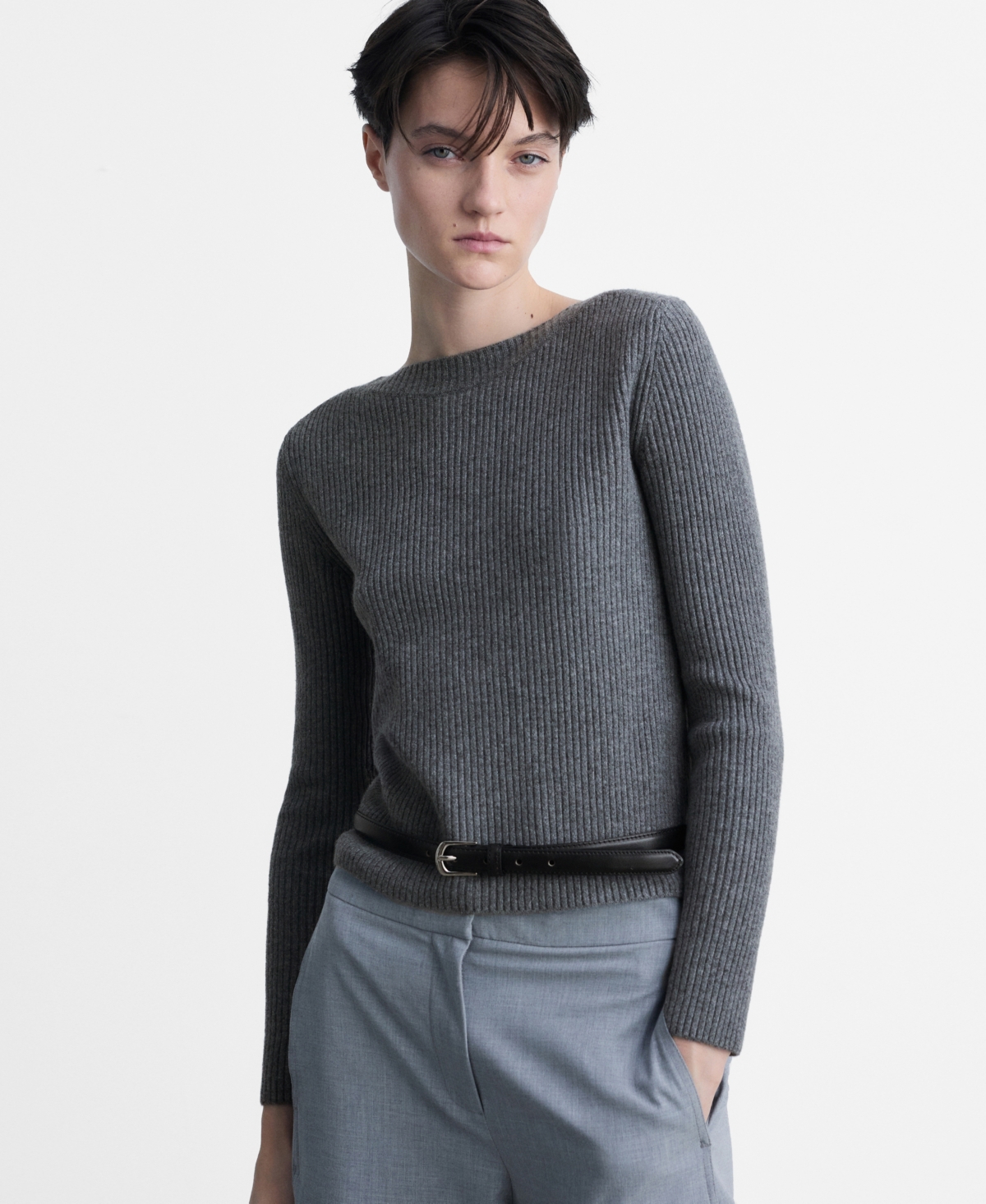 Mango Boat Neck Rib Sweater In Charcoal