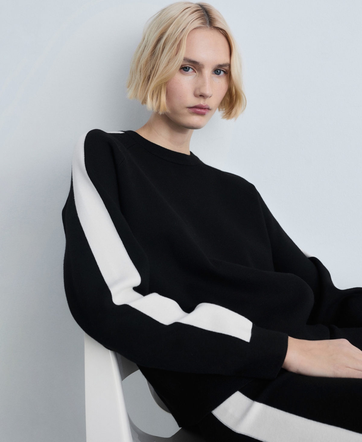 Mango Stripe Sleeve Crewneck Sweater In Black