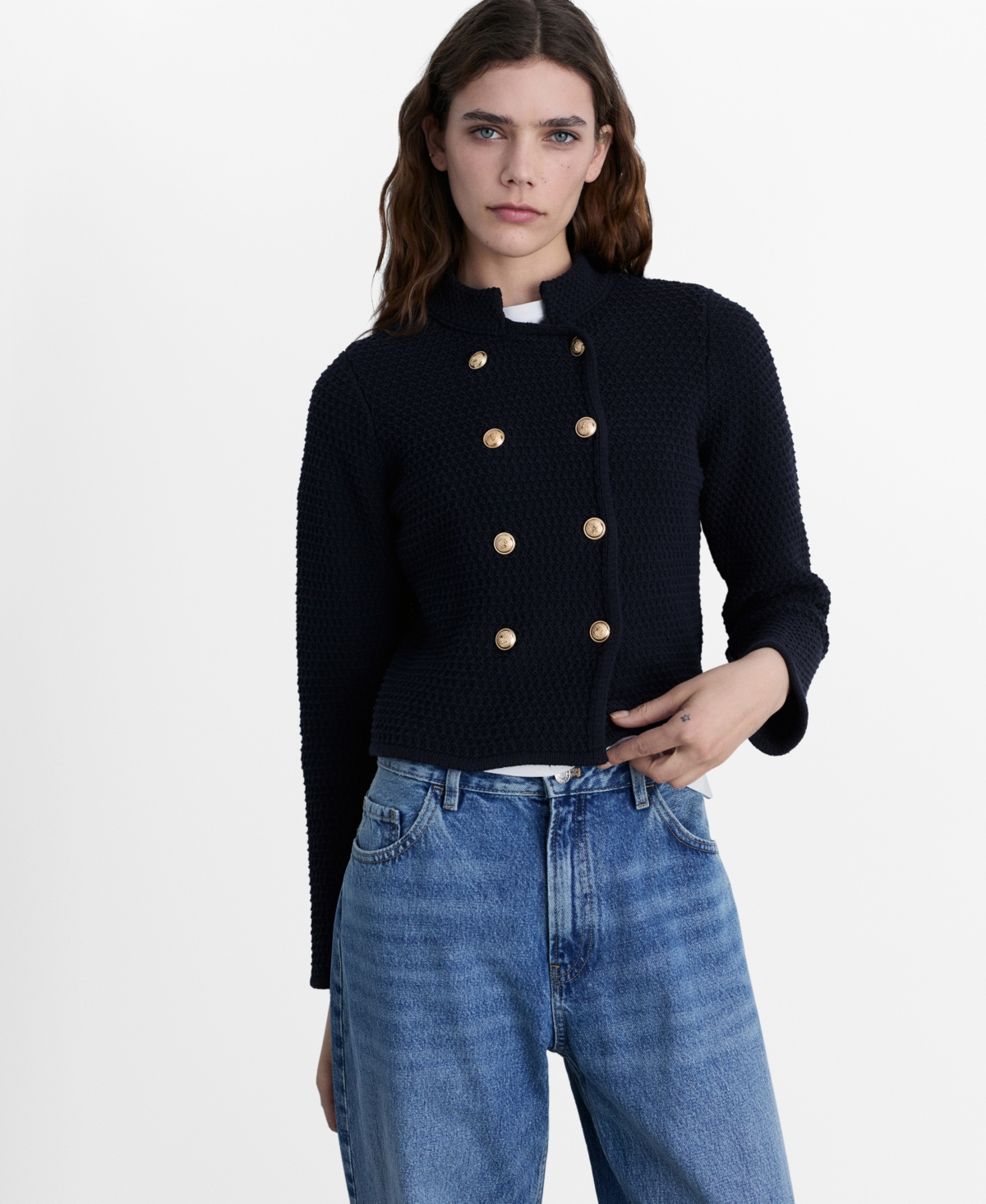 Mango Double Breasted Knit Blazer In Navy