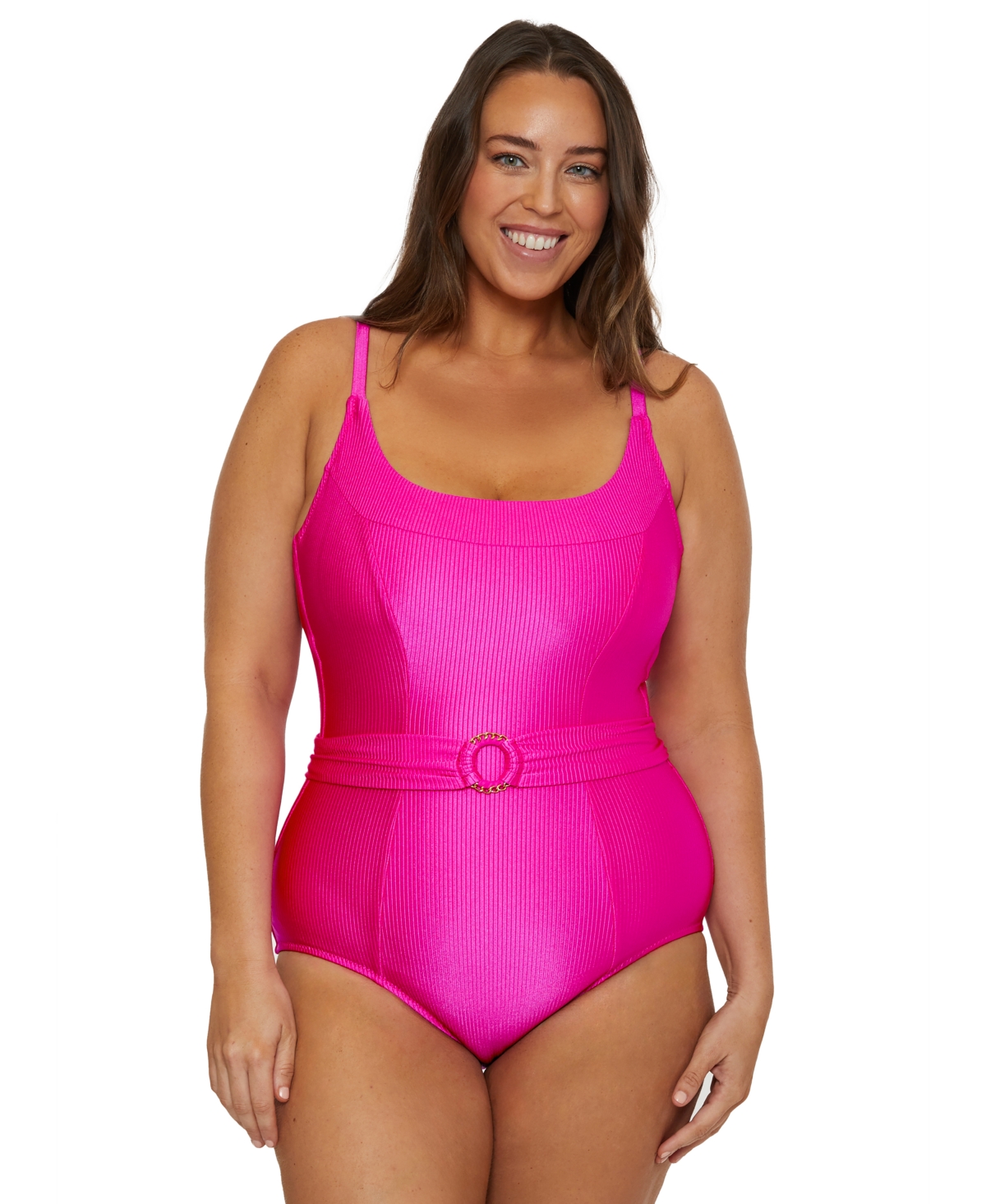 BECCA ETC PLUS SIZE MONTE CARLO RING BELTED RIB ONE-PIECE SWIMSUIT 