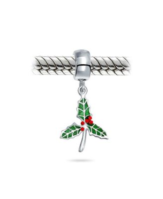 Christmas Charm Bead Green Mistletoe Holly Dangle Sterling Silver for Bracelets