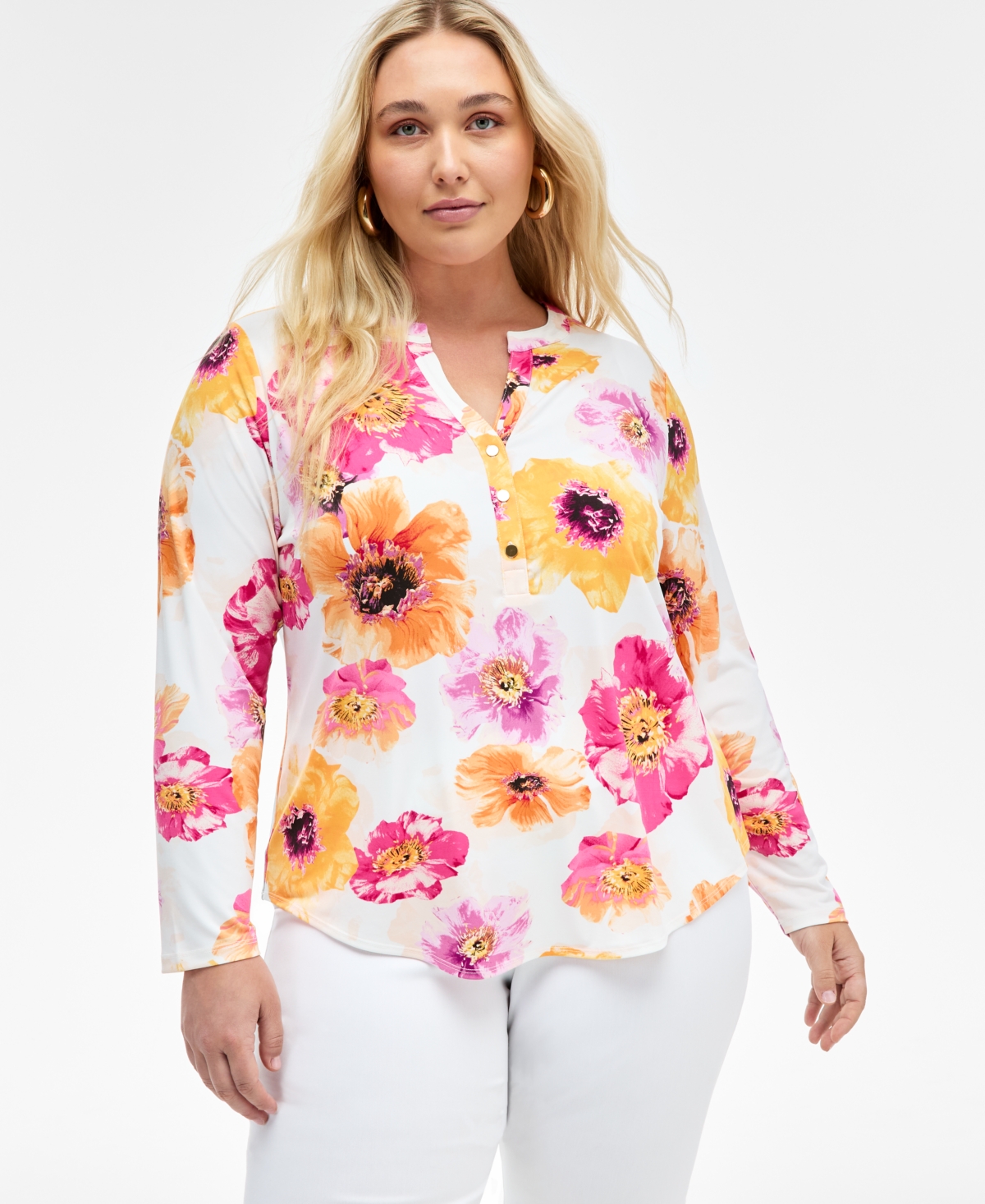 Inc International Concepts Inc Plus Size Printed Split-neck Top, Exclusively At Macy's