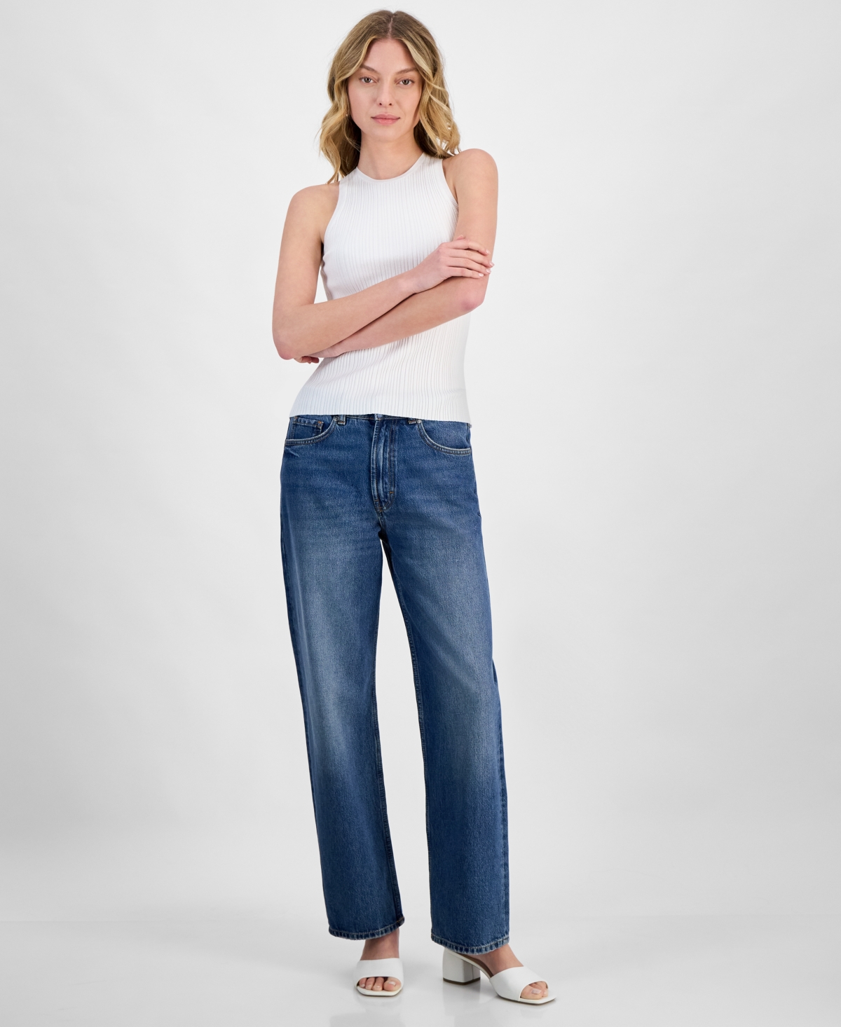 Hugo Boss Women's Crewneck Ribbed Knit Sleeveless Top In Natural