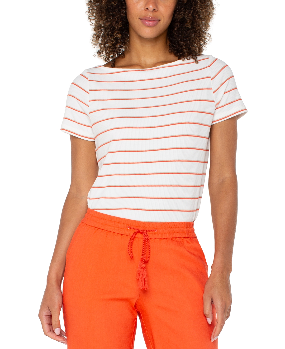 Petite Short-Sleeve Boat-Neck Knit Top - Whipped Cream Slmt Stripe