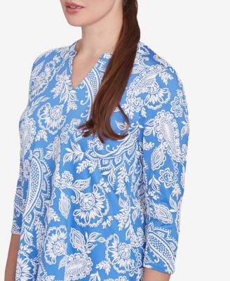 Petite Jacobean Paisley Puff Print V-Neck Top