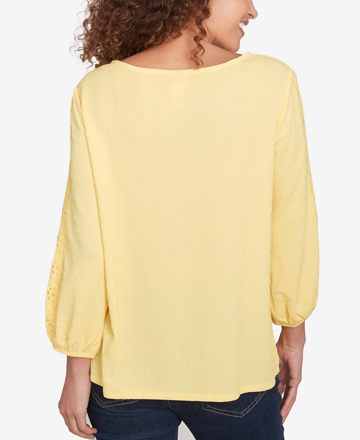 Ruby Rd. Petite Solid Textured Eyelet Sleeve Boat Neck Top In Yellow