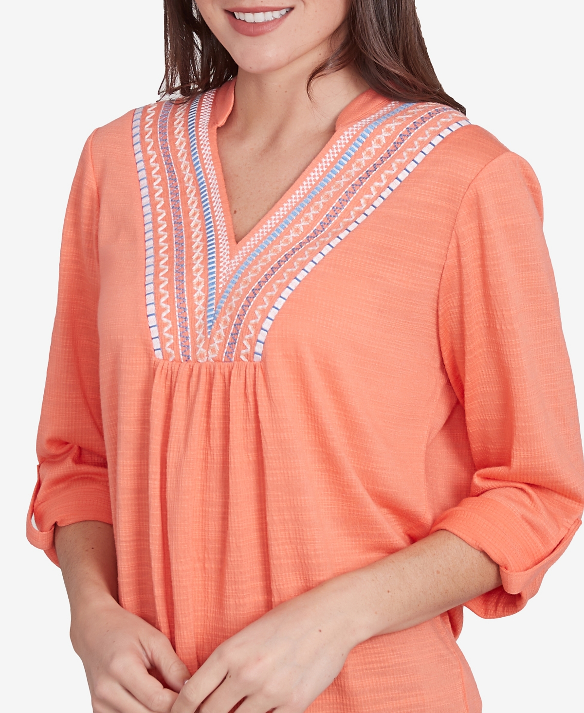 Ruby Rd. Petite Soft Relaxed Textured Trim V-neck Top In Orange Pop