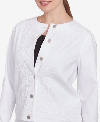 Petite Dark Stretch Denim Embroidered Jacket