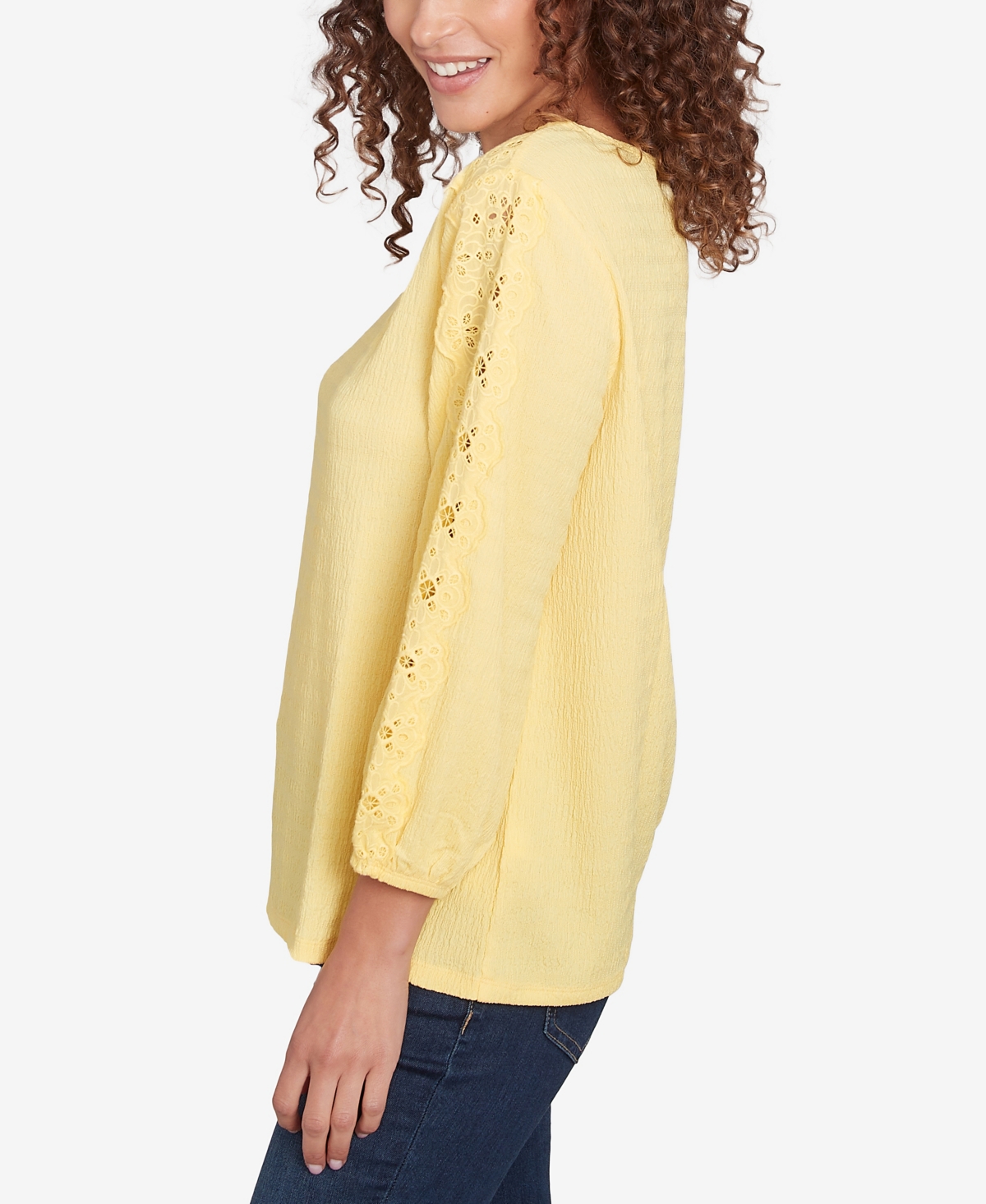 Ruby Rd. Petite Solid Textured Eyelet Sleeve Boat Neck Top In Yellow