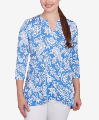 Petite Jacobean Paisley Puff Print V-Neck Top