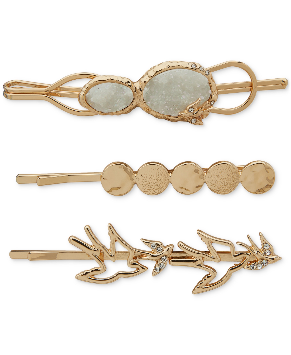 3-Pc. Gold-Tone Pave Bird & Drusy Stone Bobby Pin Set - Silver