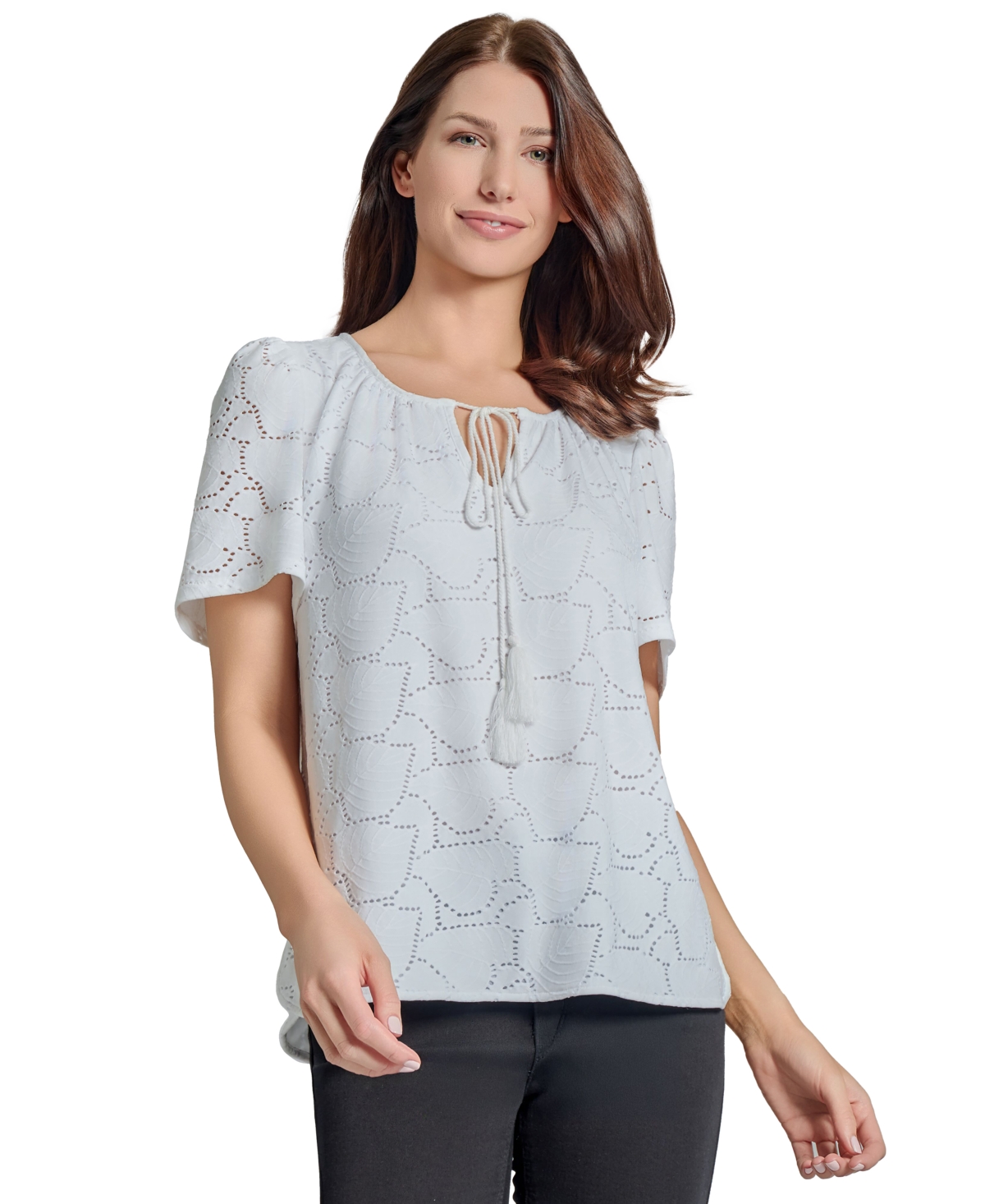 Women's Eyelet Tie-Neck Top - Nyc White