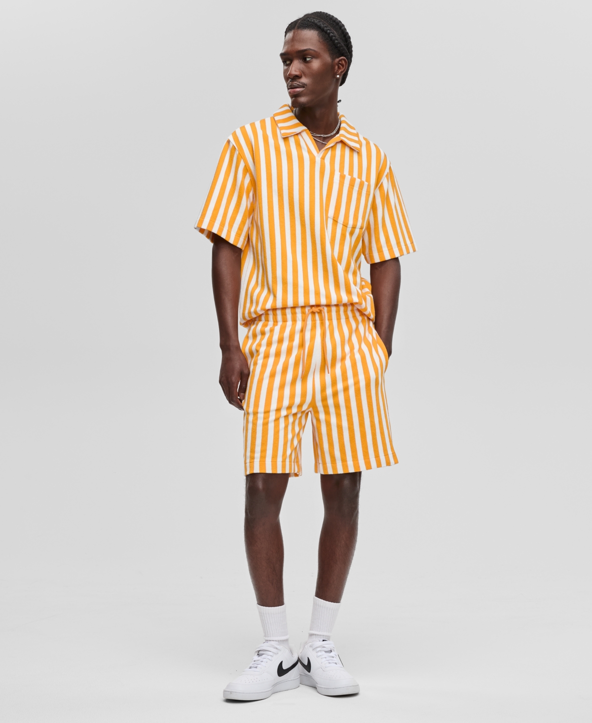 Men's Vertical Stripe Terry Shorts, Exclusively at Macy's - Mayan Gold