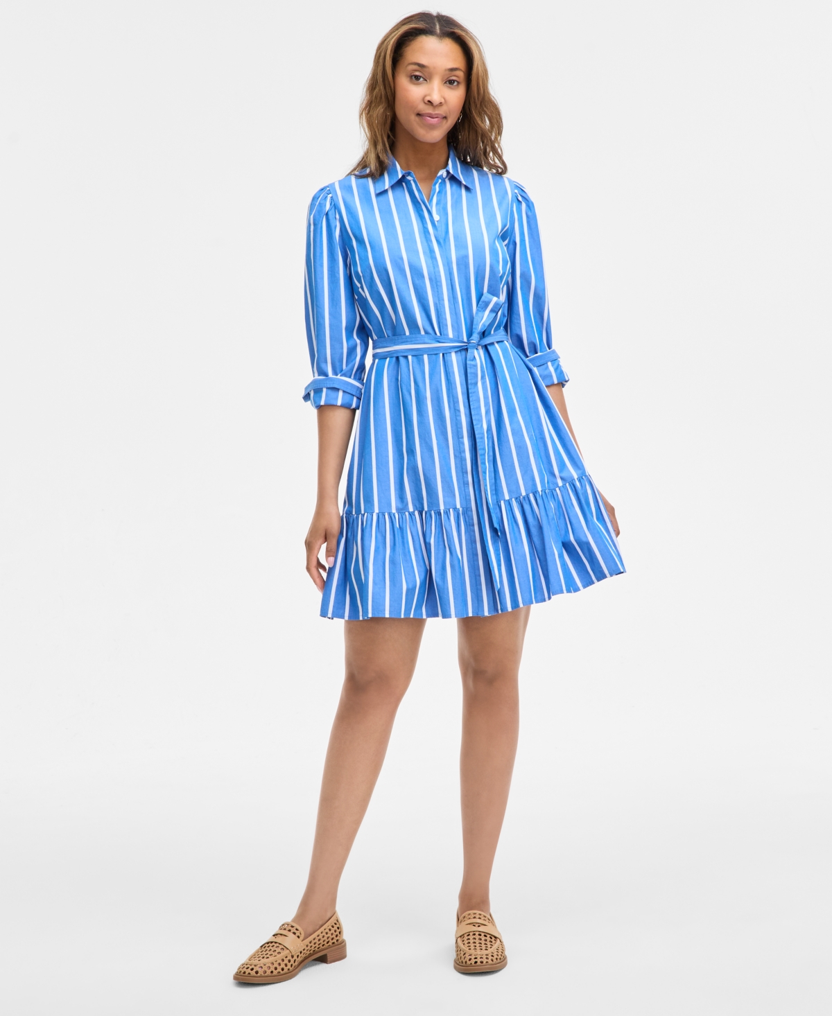 Women's Long Sleeve Printed Mini Shirt Dress, Exclusively at Macy's - Blazing Navy Combo