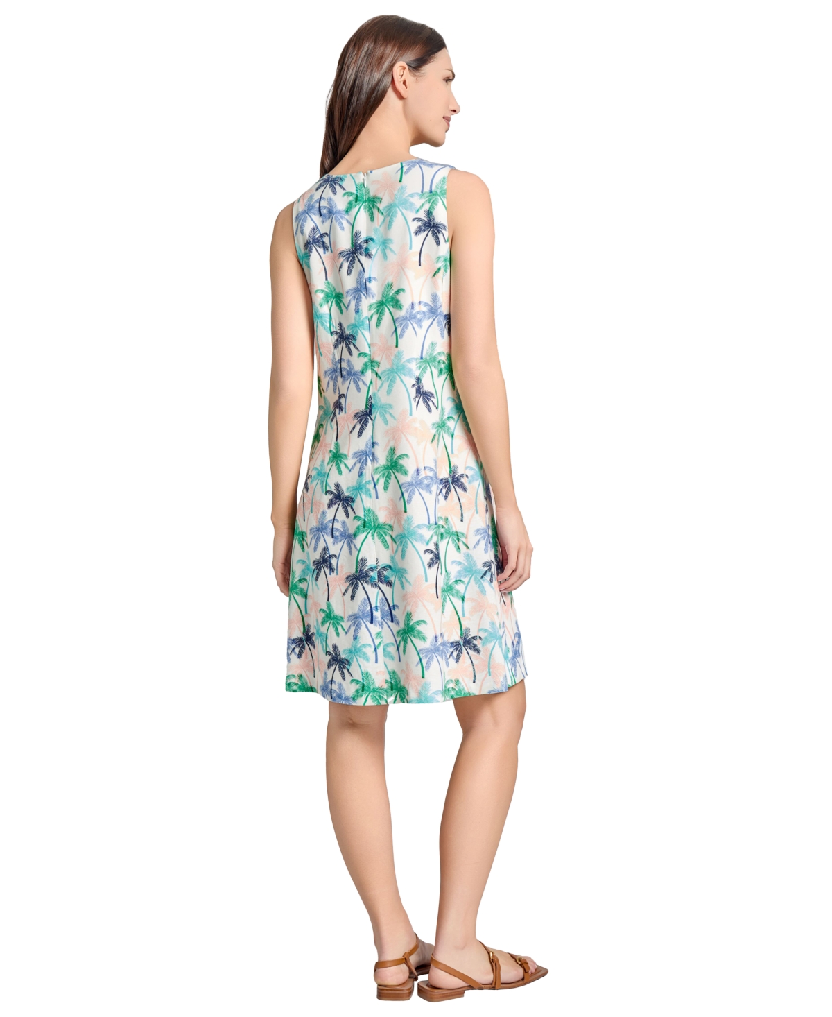Jones New York Gina Palm Print Linen Blend Trapeze Dress In Aqua Wave