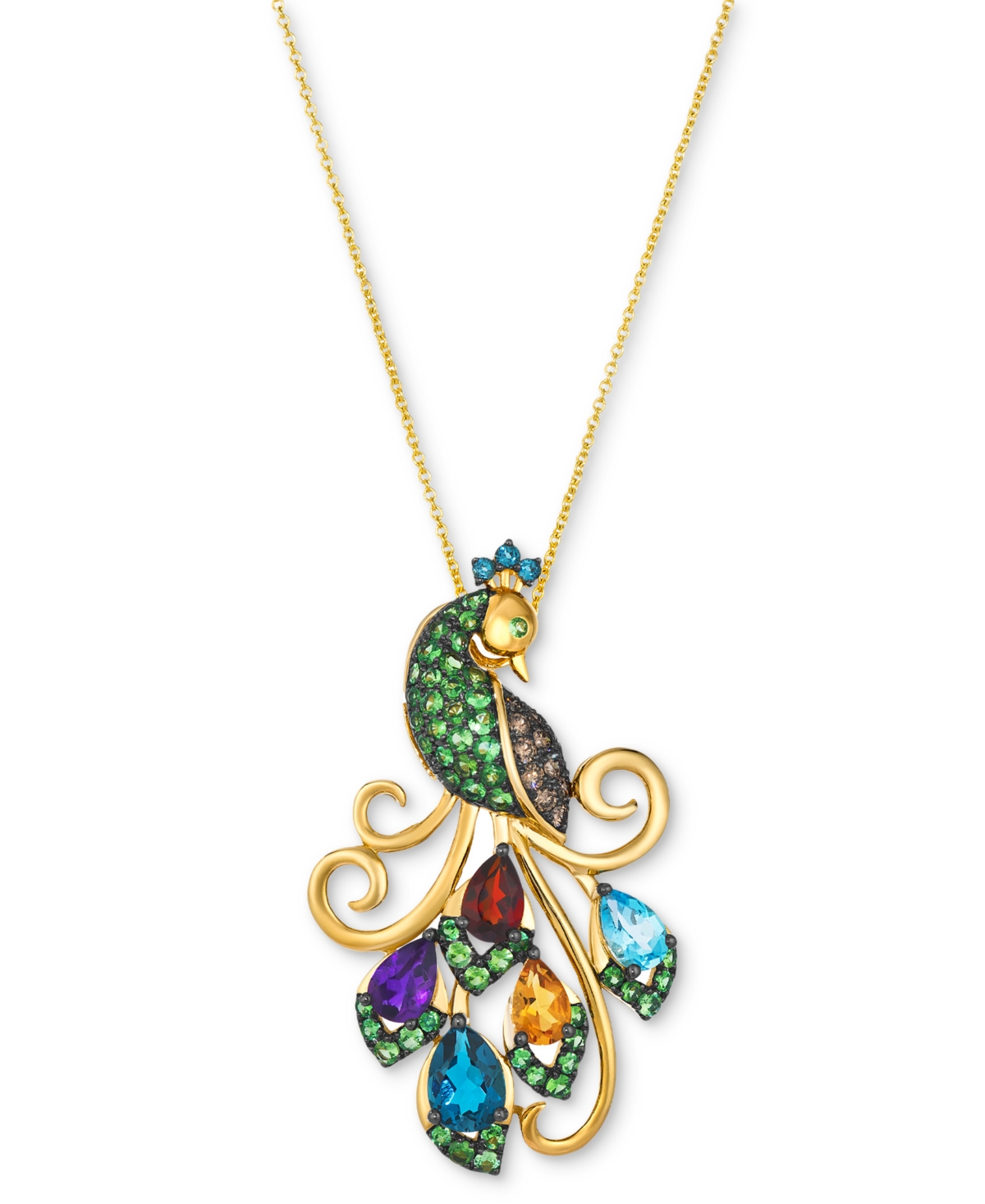 Le Vian Multi-gemstone (3-1/5 Ct. T.w.) & Chocolate Diamond (1/4 Ct. T.w.) Peacock 20" Pendant Necklace In 1 In Yellow Gold