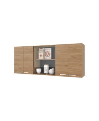 Lydia Wall Cabinet kitchen in Melamine wit 4 Doors  and Glass Storage, Natural Oak