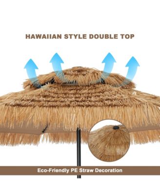 10 ft. Outdoor Double Layer Hawaiian Style Market Umbrella in Brown with Base and 32-Light Beads