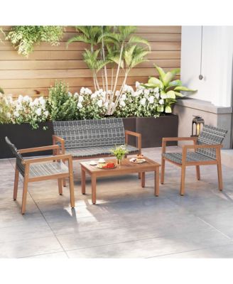 4 Pieces Outdoor Furniture Set Acacia Wood Frame Sofa Set w/ Rattan Seat