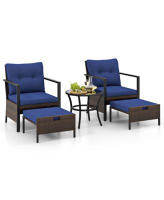 Set of 5 Furniture Set Rattan Chairs & Ottomans with Glass Topped Coffee Table Patio