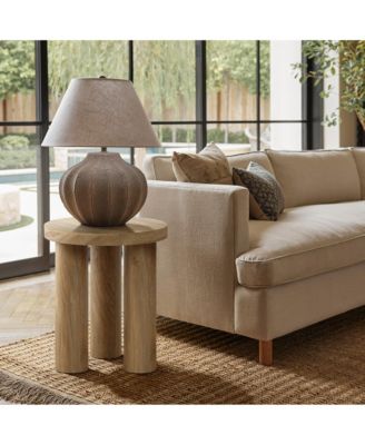 Set of 1 Oak Finish Manufactured Wood Round Side Table with 3 Pillar Legs