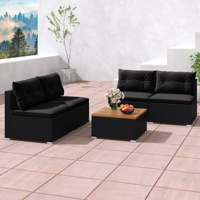 5 Piece Outdoor Furniture Set w/ Seat & Back Cushions Acacia Wood Tabletop