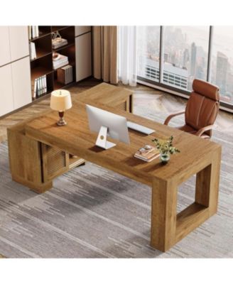 63-Inch L Shaped Executive Desk with Storage Cabinets and 2-Tier Shelf, Simple Modern Business Furniture Large Computer Writing Table Workstation for Home Office, Brown