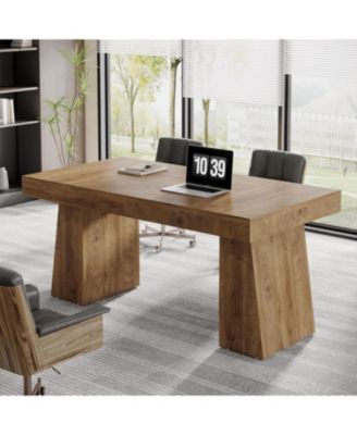 55 Inches Executive Desk, Mid-Century Modern Home Office Desk with Double Trapezoid Base, Wood Computer Desk Business Workstation Desk