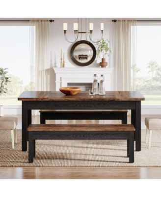 55-Inch 3-Piece Dining Table Set with 2 Benches, Rectangular Wood Table for Kitchen or Dining Room, Seats 4–6