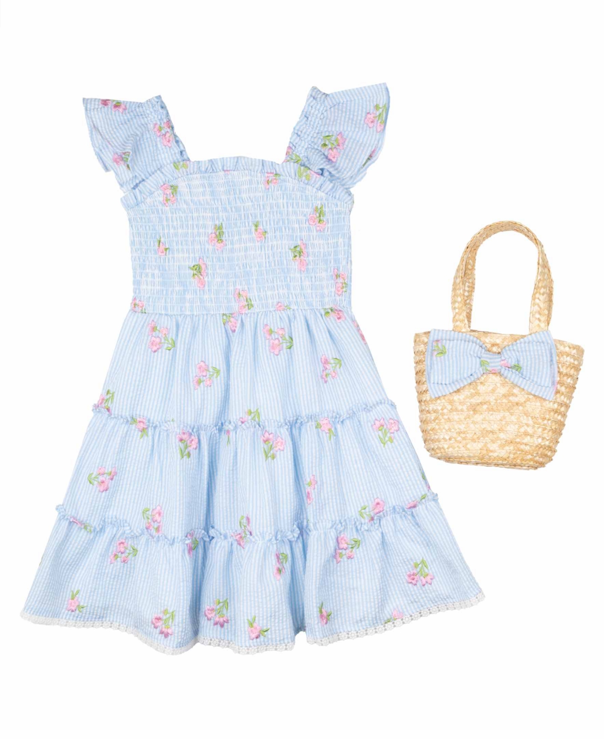 Shop Rare Editions Little And Toddler Girls 2-piece Floral Schiffli Seersucker Dress With Bag Set In Periwinkle
